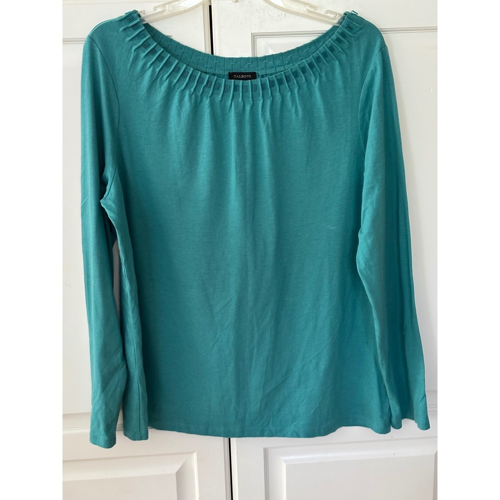 Talbots Womens Teal Blue Beaded Boat Neck Long Sleeve Cotton Modal Top Size L